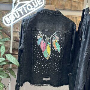 Distressed Black Denim Jean Jacket Feathers Jeweled XL